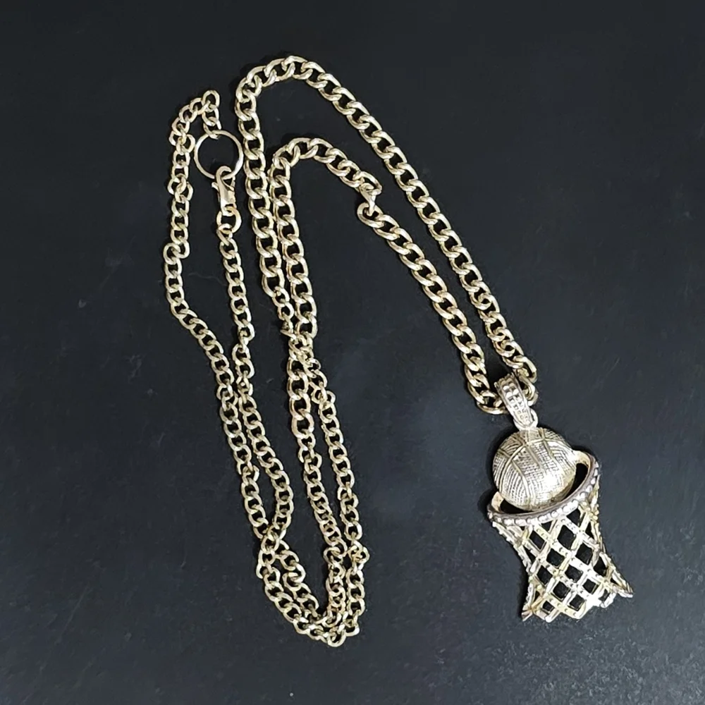 Vintage Gold Plated Basketball Hoop Pendant Necklace.